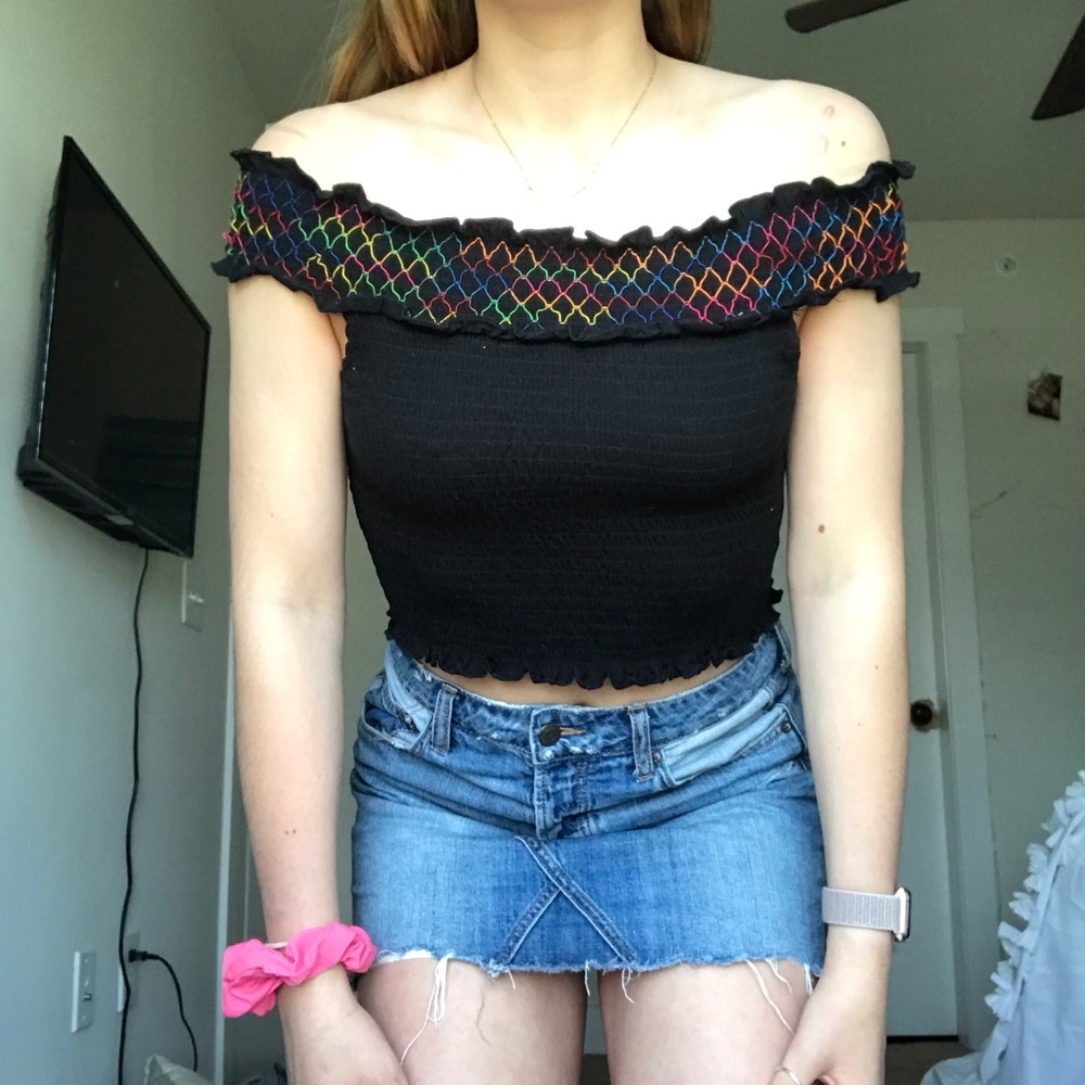 3 Way Black + Rainbow stitched crop top